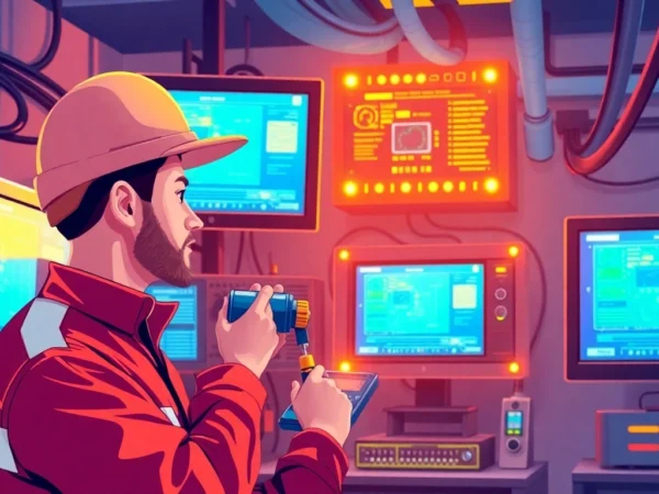 Professional technician running a teste cs on modern cable and satellite TV equipment for