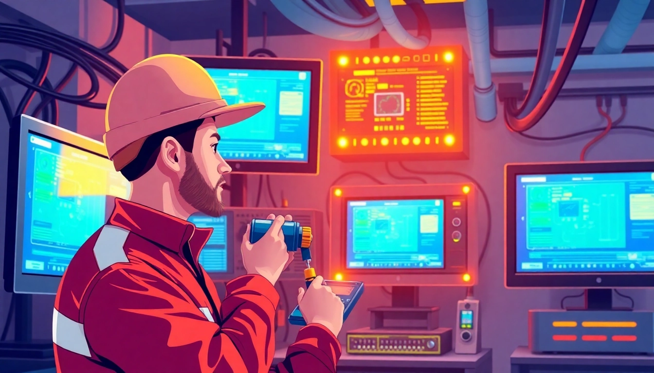 Professional technician running a teste cs on modern cable and satellite TV equipment for