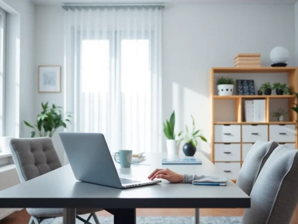 Freelance full remote professional working in a modern home office with a laptop and ergonomic setup