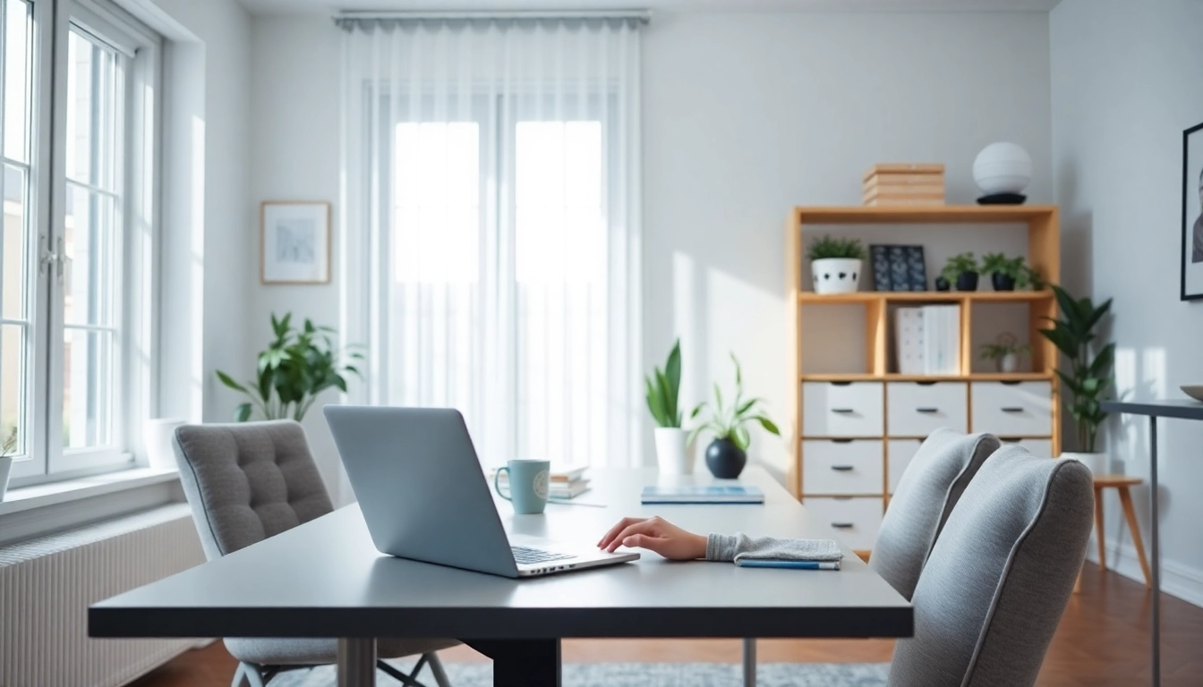 Freelance full remote professional working in a modern home office with a laptop and ergonomic setup
