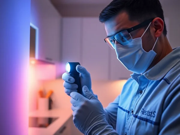 Pest control technician inspecting a wall cavity with UV light, revealing rat droppings in a clean home environment.