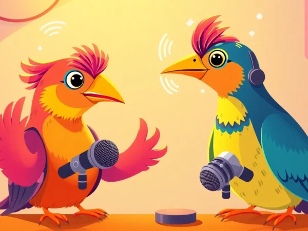 Bird Talk Radio hosts broadcasting lively conversations with colorful birds and radio equipment