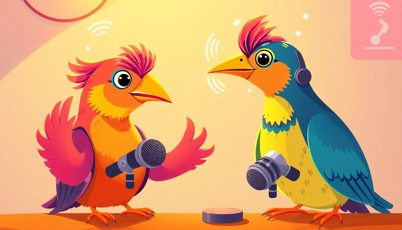 Bird Talk Radio hosts broadcasting lively conversations with colorful birds and radio equipment