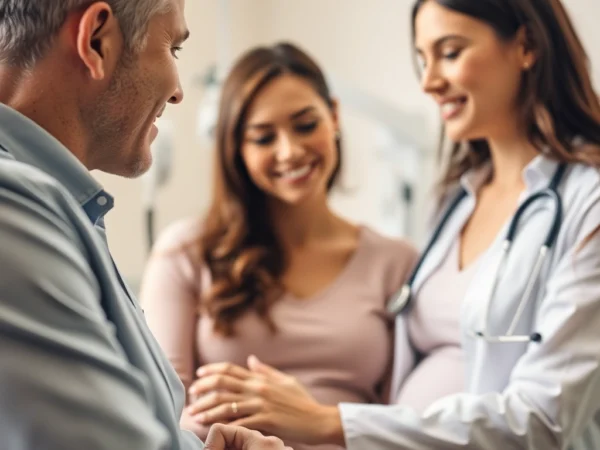 Fecondazione procedure in a medical clinic showing doctor and couple in a supportive environment
