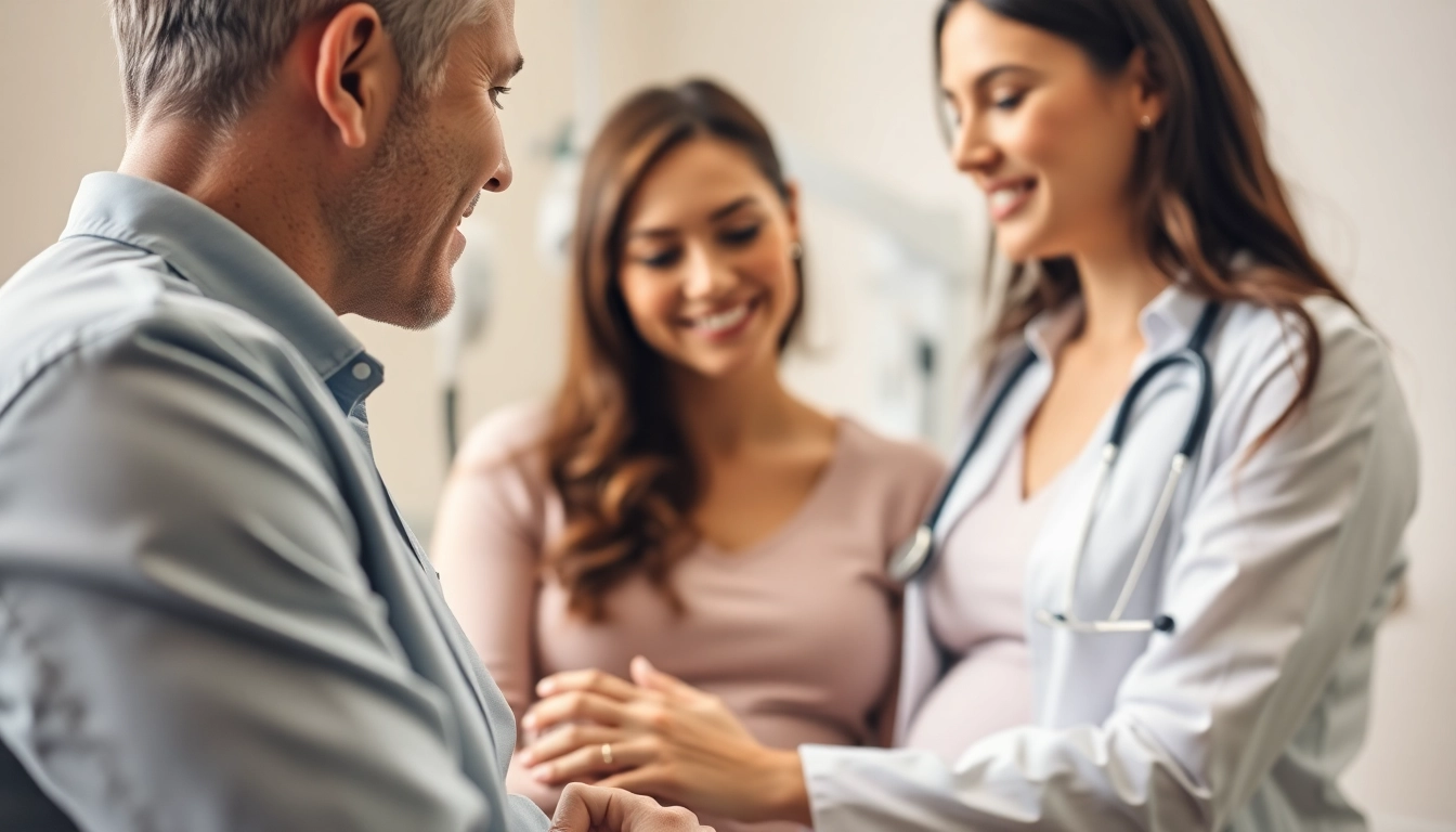 Fecondazione procedure in a medical clinic showing doctor and couple in a supportive environment