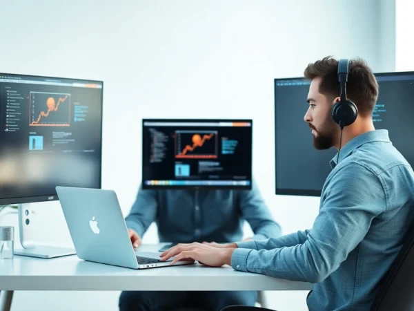 Professional freelancer working remotely from home with multiple screens, emphasizing freelance