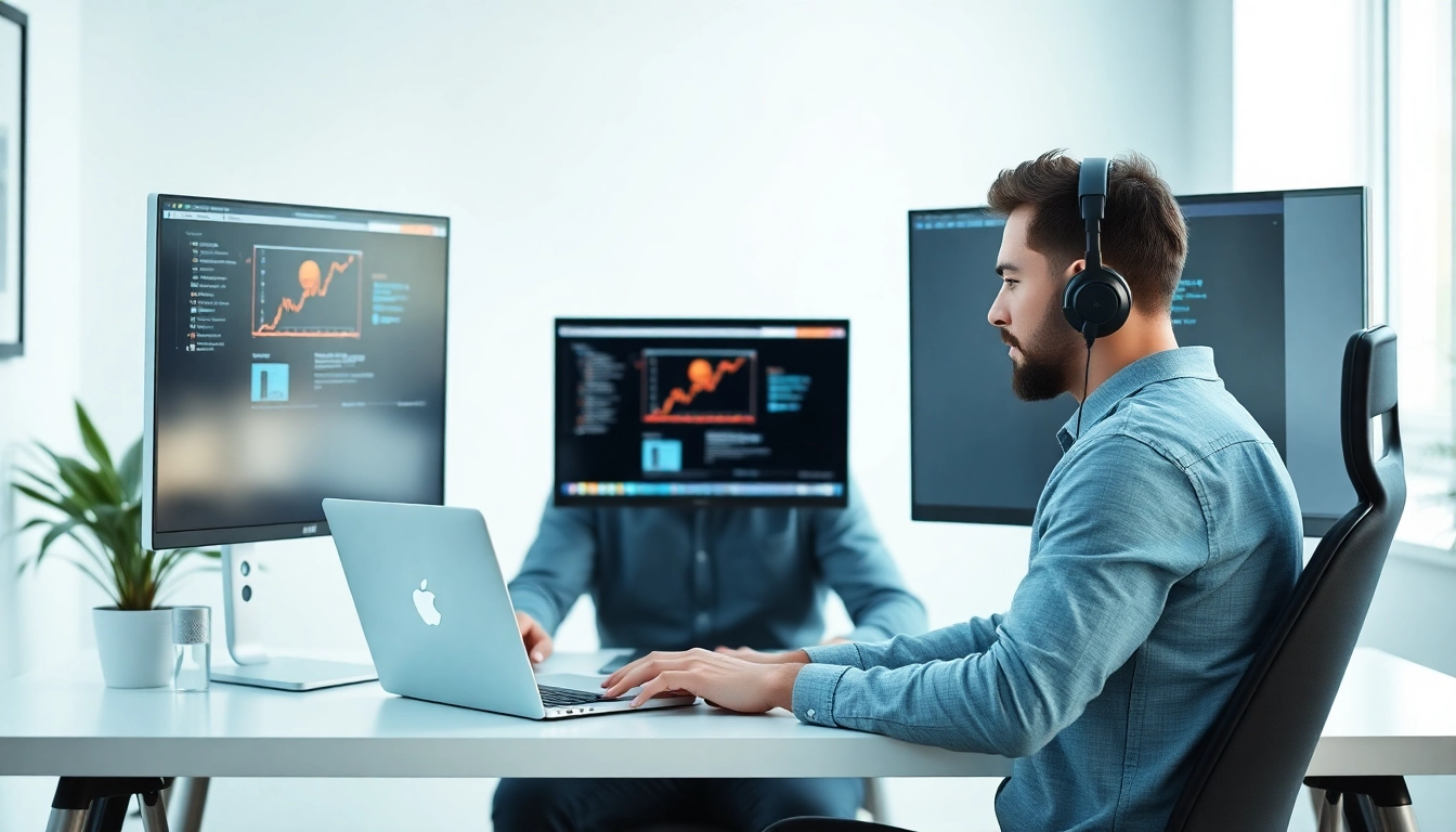 Professional freelancer working remotely from home with multiple screens, emphasizing freelance