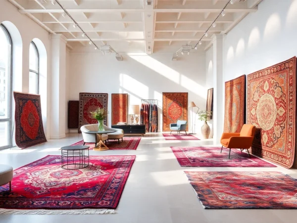 Stylish Tappeti a Milano showroom showcasing a variety of Persian and modern rugs for home decor.