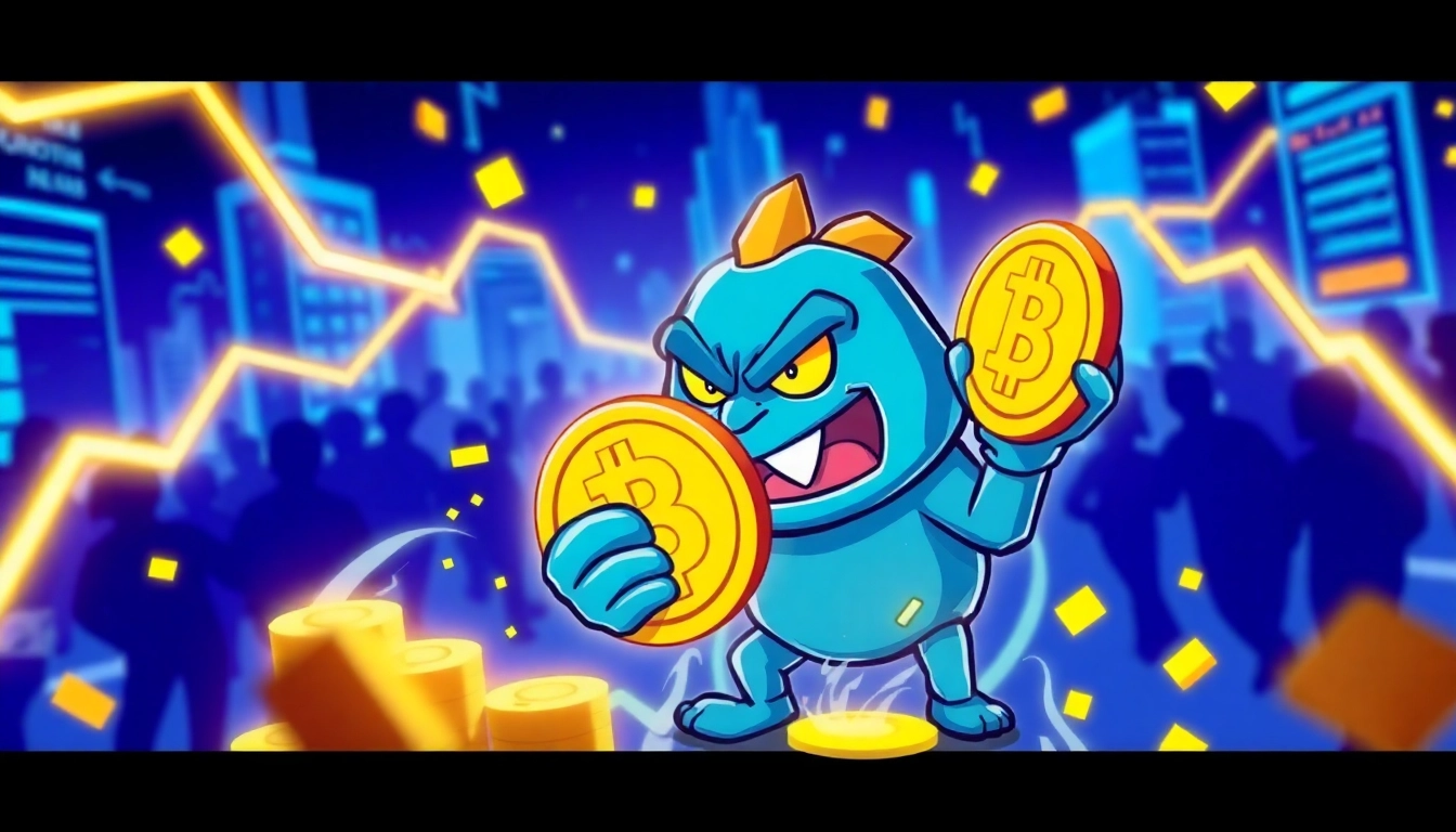 Buy Angry Pepe Coin as a bold mascot in a vibrant crypto market scene for community and trading