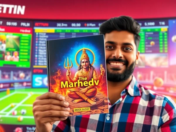 Mahadev book being held by an Indian bettor with sports and betting visuals emphasizing trust