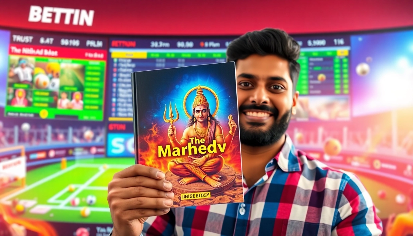 Mahadev book being held by an Indian bettor with sports and betting visuals emphasizing trust