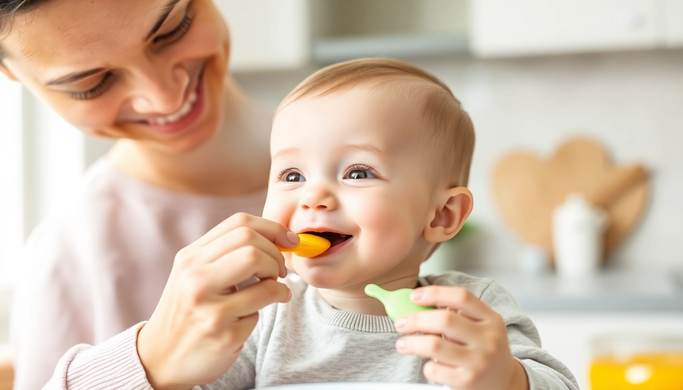 Person feeding baby with silicone utensils emphasizing Alimentazione naturale per svezzamento