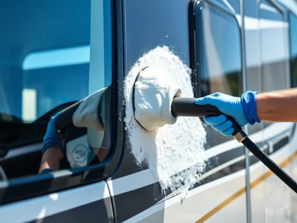Efficient Wohnmobilreiniger cleaning the exterior of a motorhome with foam spray for shine and