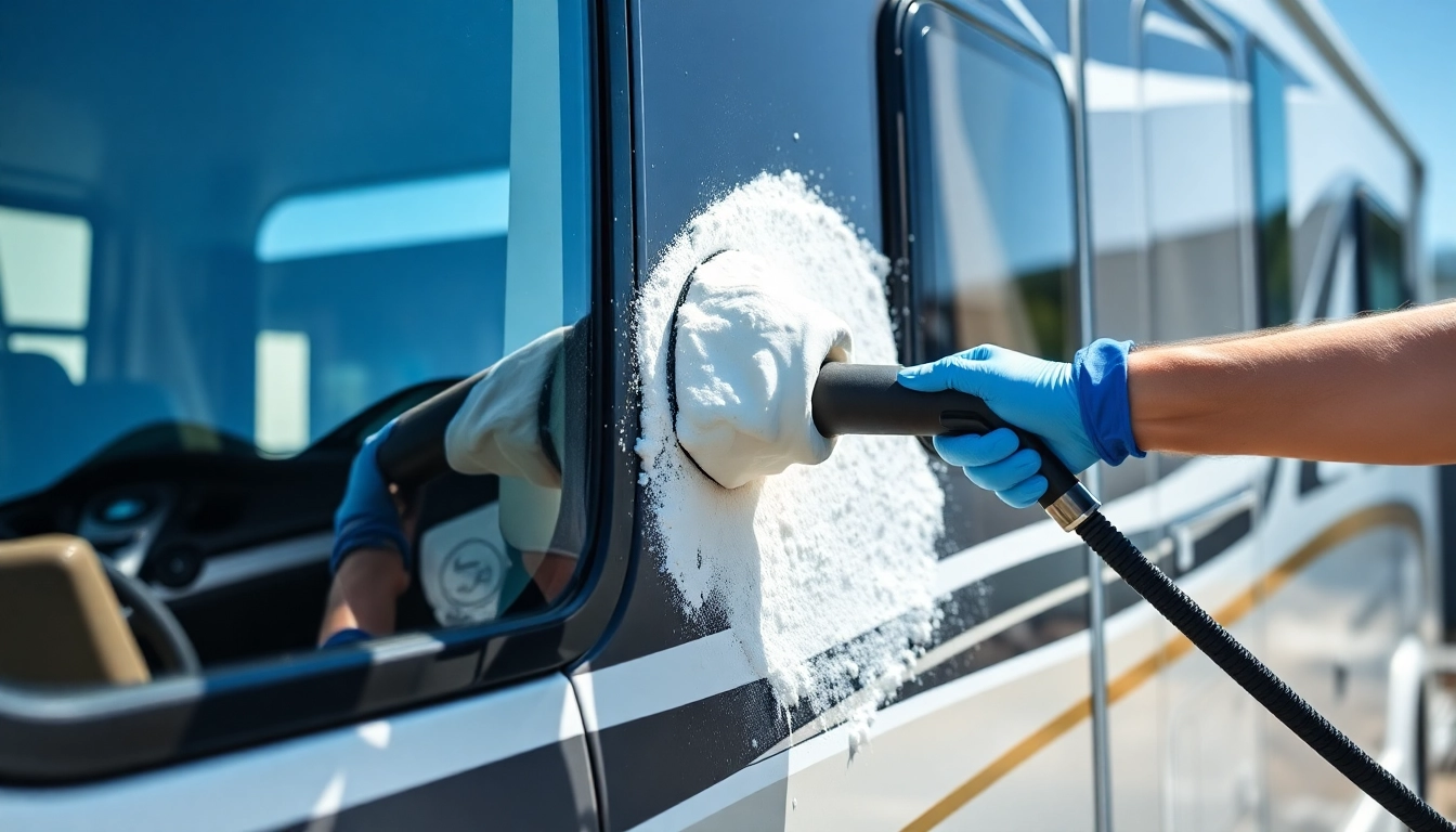 Efficient Wohnmobilreiniger cleaning the exterior of a motorhome with foam spray for shine and