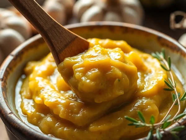 Delicious Sauteed Garlic Paste shown in a bowl with fresh garlic and herbs, highlighting rich