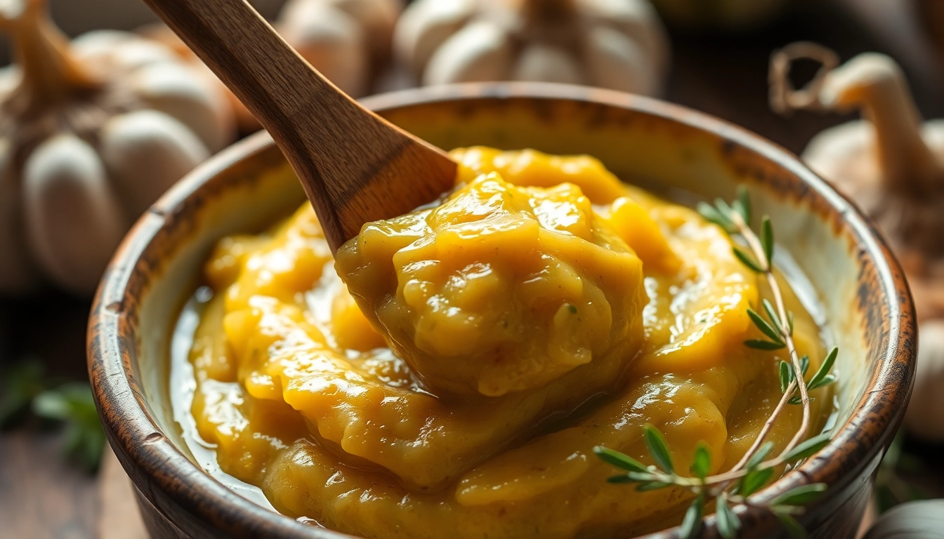 Delicious Sauteed Garlic Paste shown in a bowl with fresh garlic and herbs, highlighting rich