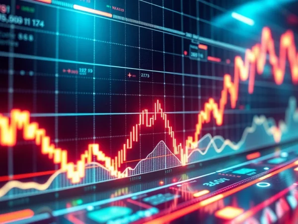 Modern graphic showing aicoin's real-time market data analysis with digital charts and graphs