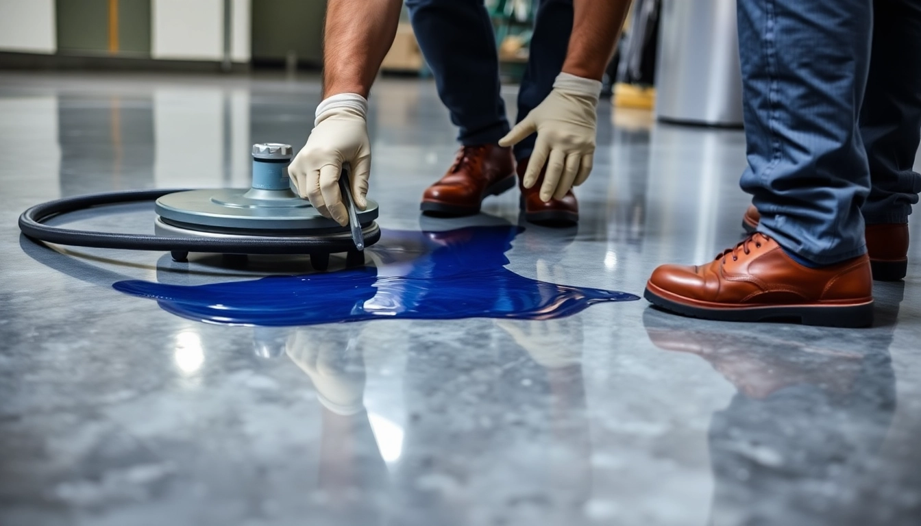 Professional applying high-quality epoxy resinng Birmingham coating on concrete floor for