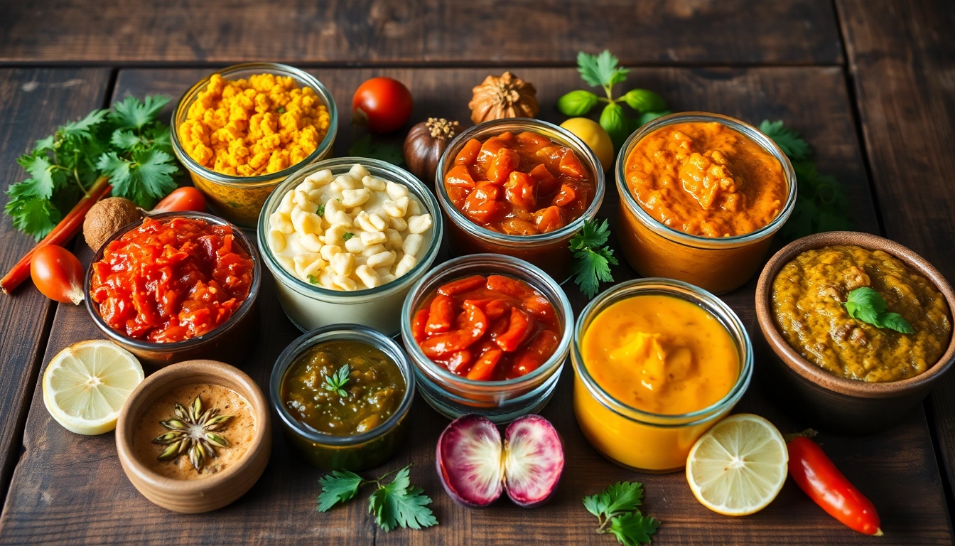 Assorted cooking pastes and chutneys including garlic, ginger, green chili, and tamarind