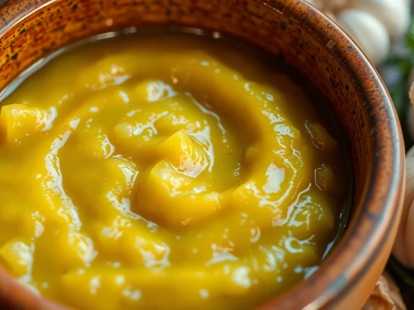 High-quality sauteed garlic paste being prepared in a kitchen with fresh ingredients for